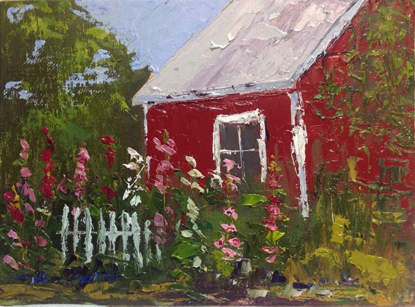 Red Shed and Hollyhocks